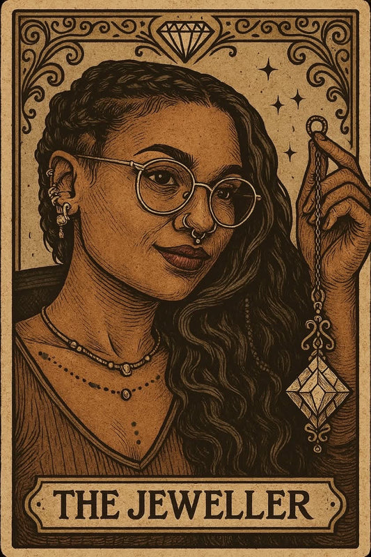 The Jeweller — illustrated tarot card showing a woman with glasses, braids, and piercings, wearing layered handmade jewelry and holding a pendant. Represents creativity and meaningful design.