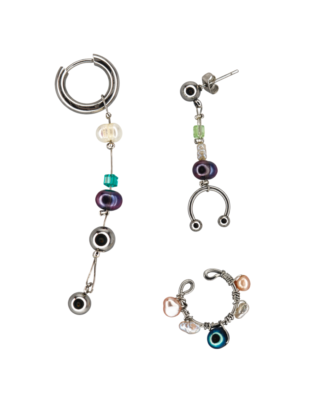 Lucky • Ear set [earcuff + 2 earrings • silver & green version]
