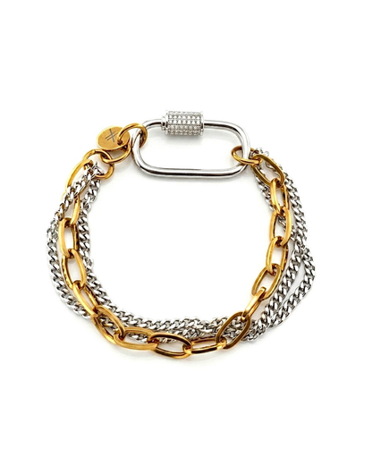 Two-tone gold and silver chain bracelet with a silver carabiner on a white background