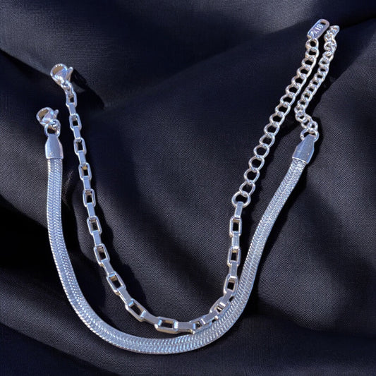 Two stainless steel bracelets, one with a bold box-link chain and the other with a smooth snake chain, displayed on a dark fabric surface.