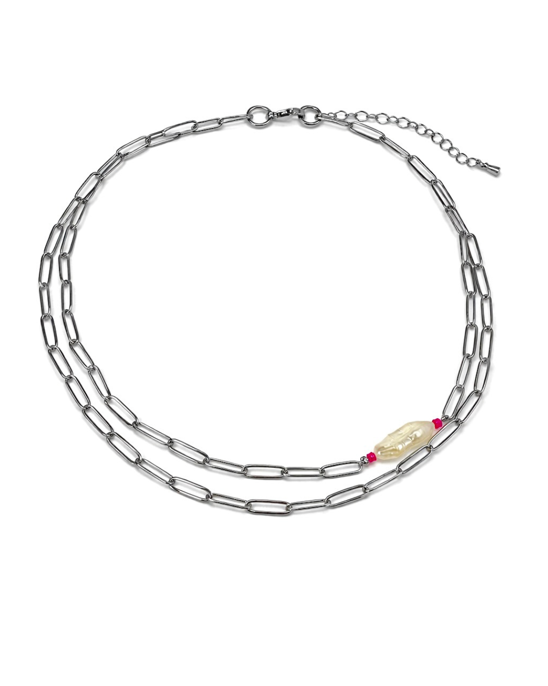 Silver chain necklace with a central pendant on a white background
