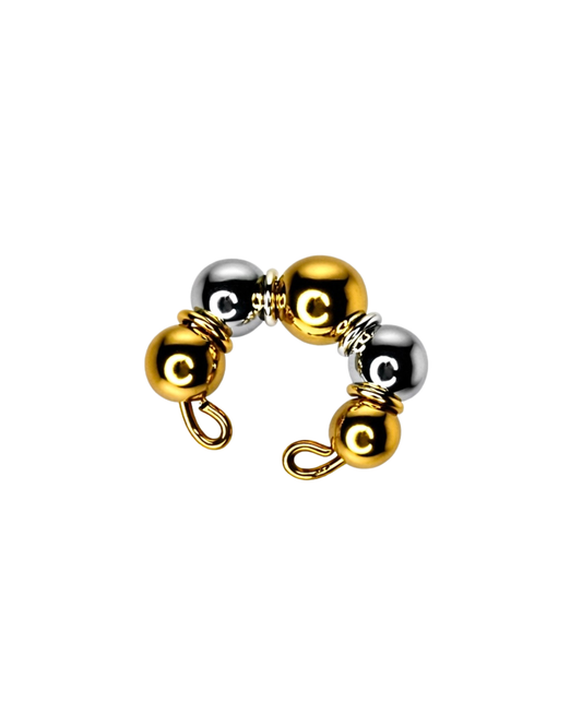 Gold and silver beaded charm with 'C' letter on a white background