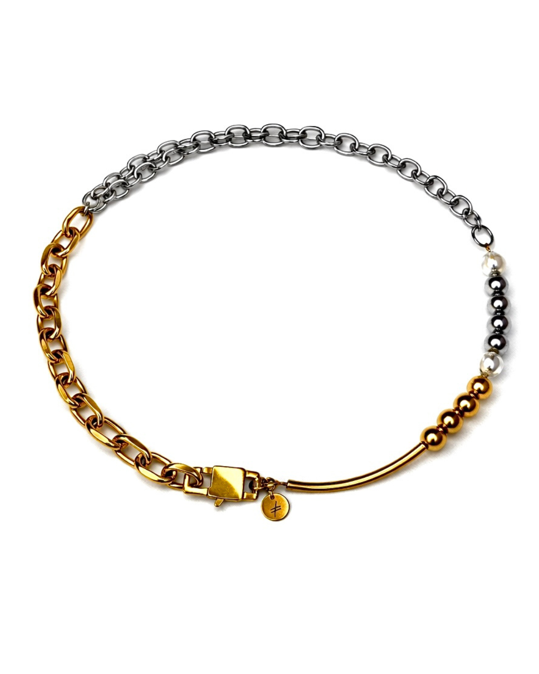 Two-tone gold and silver chain bracelet on a white background