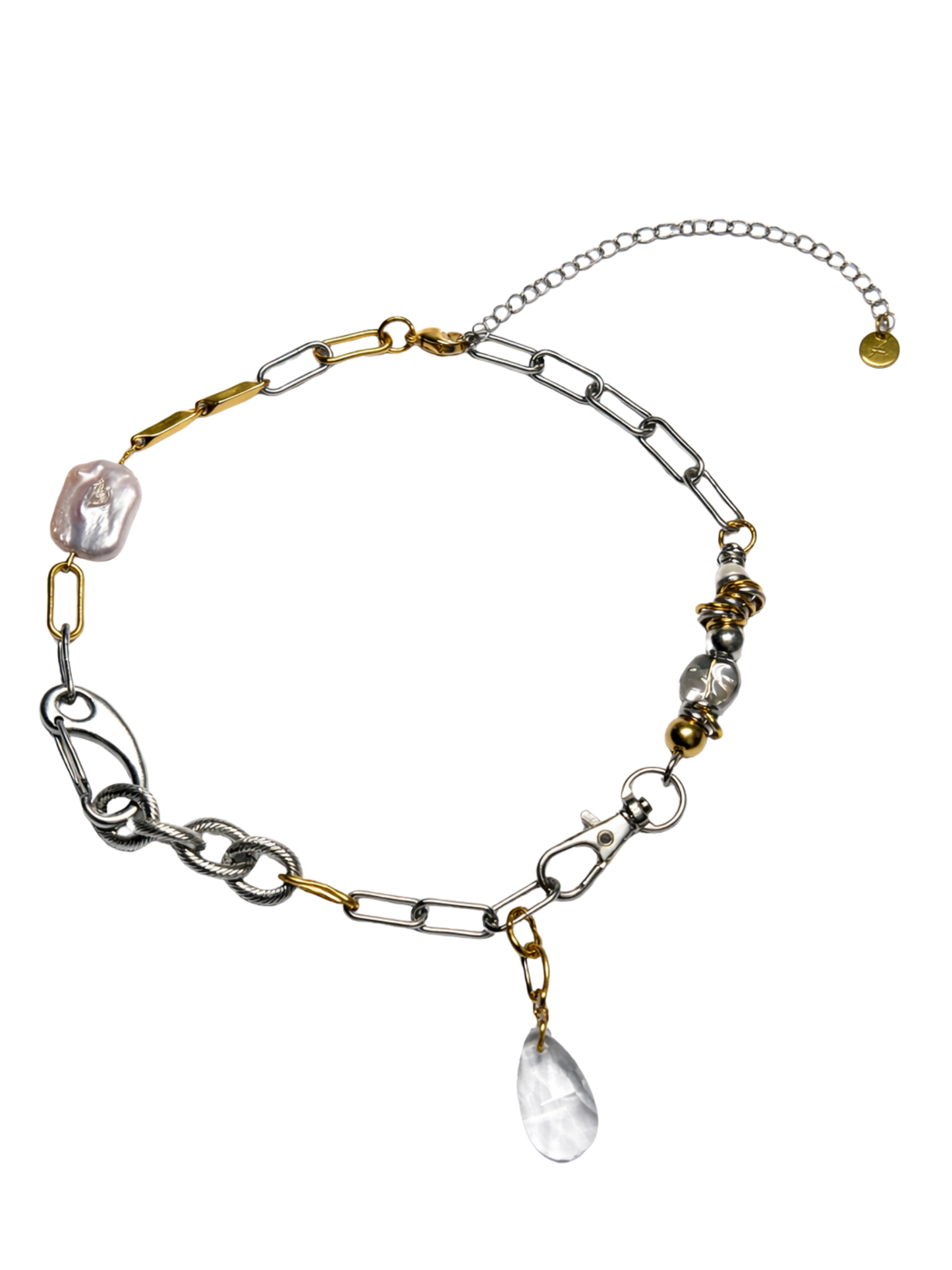 Collier modulaire Indocile en metaux mixtes avec pendentif cristal amovible sur fond blanc