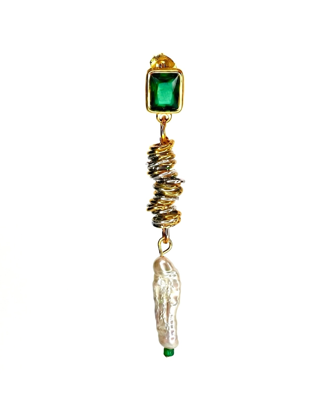 Jewelry with a green gemstone and pearl on a white background