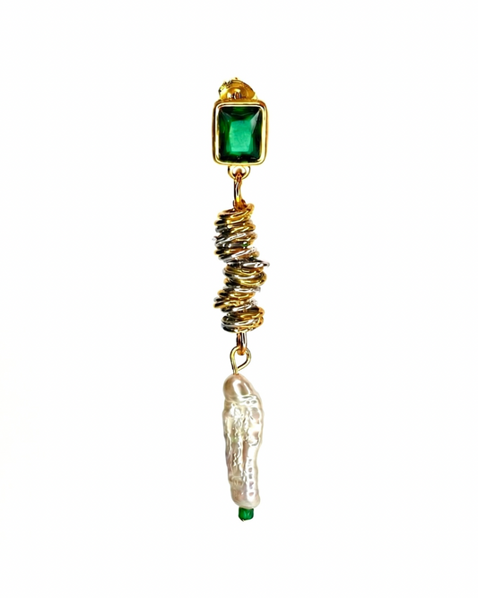 Jewelry with a green gemstone and pearl on a white background