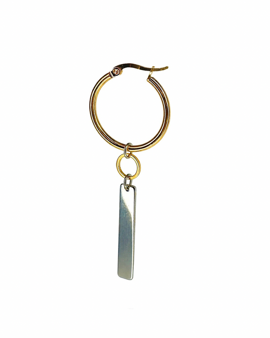 Gold hoop earring with a vertical bar pendant on a white background