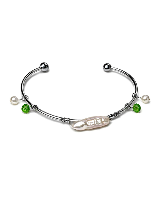 Bracelet Move On en acier inoxydable avec perle deau douce et cristaux verts