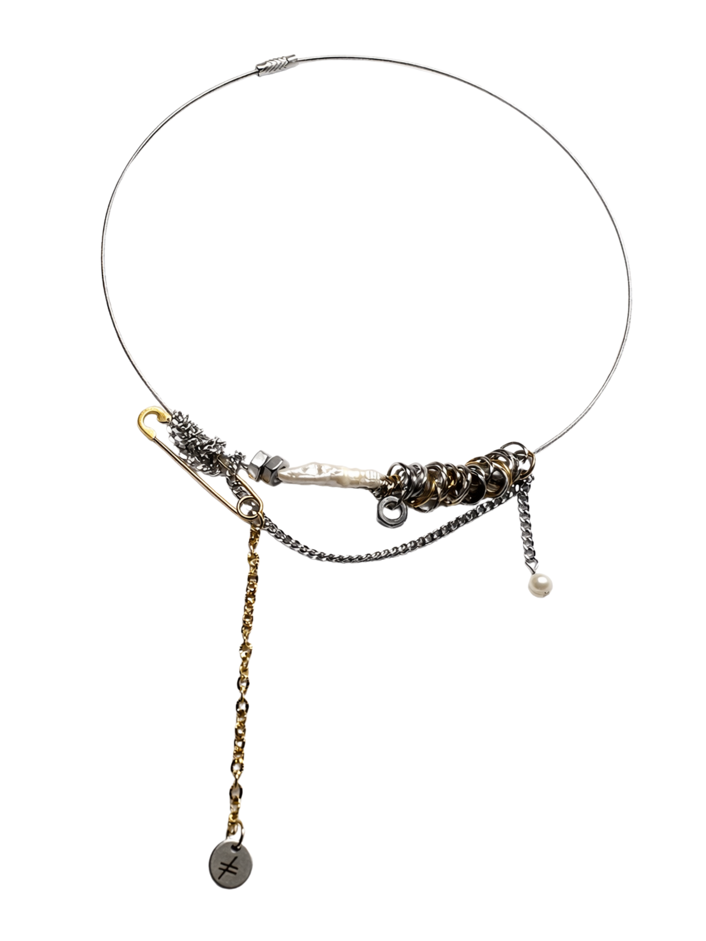 Collier One Year Later en metaux mixtes avec perle d eau douce et chaines pendantes