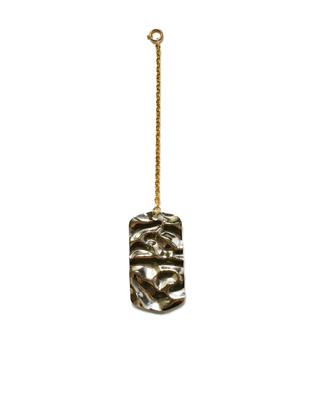 Decorative pendant with wavy design and gold chain on a white background