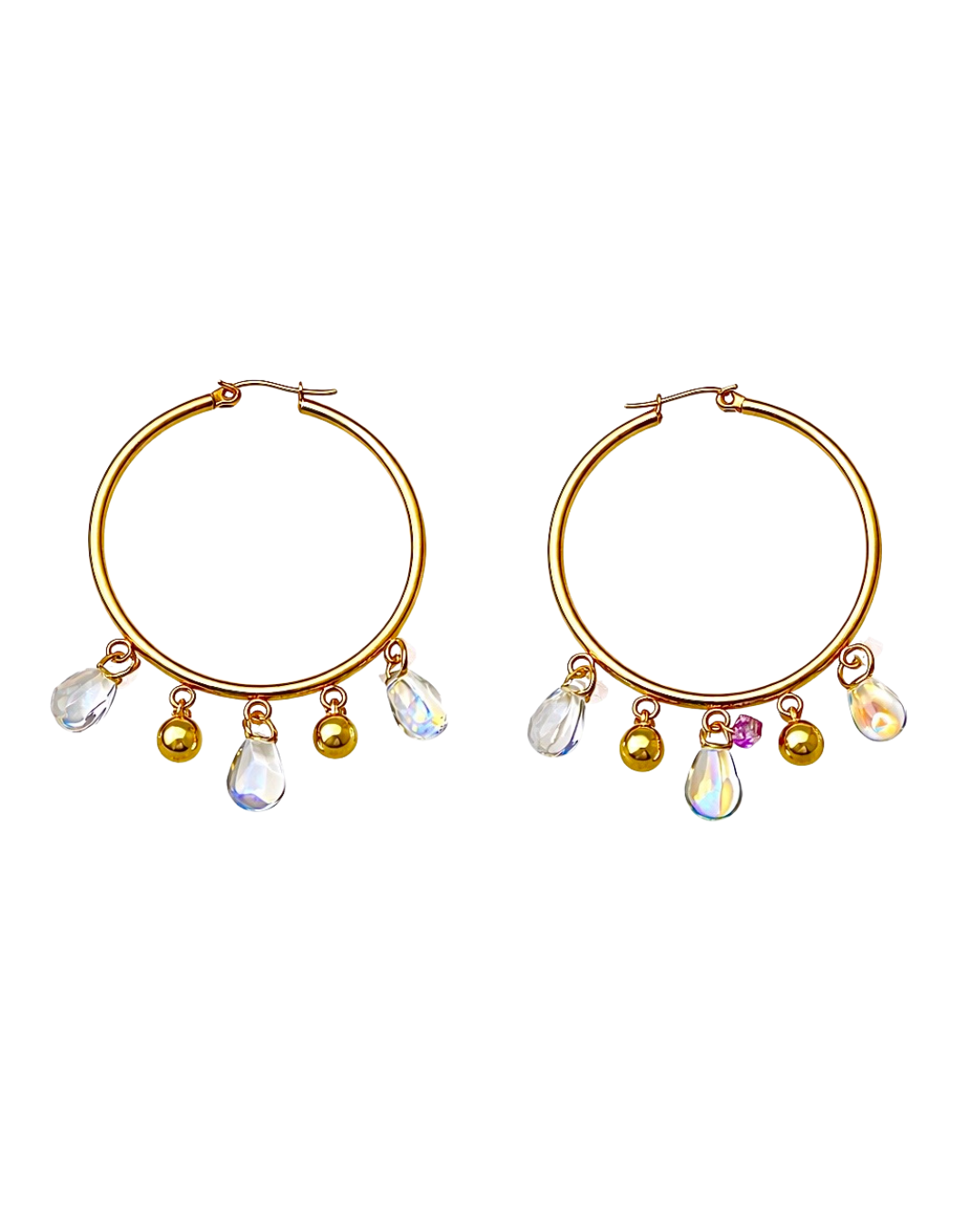 Gold hoop earrings with colorful beads on a white background