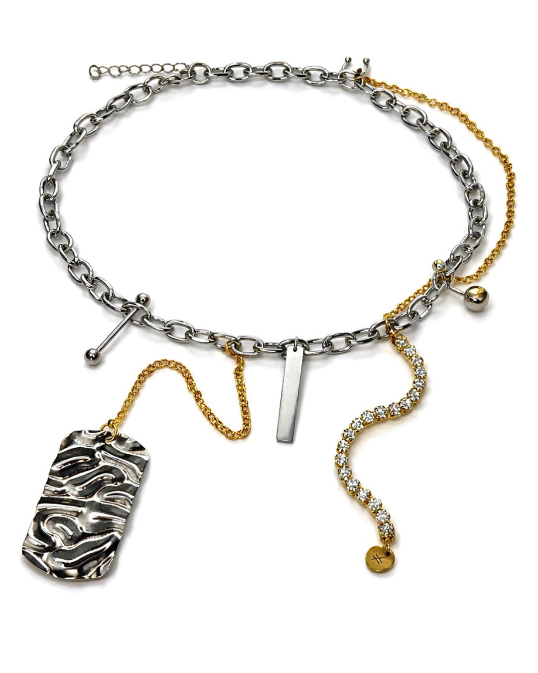 Multistrand bracelet with various charms on a white background