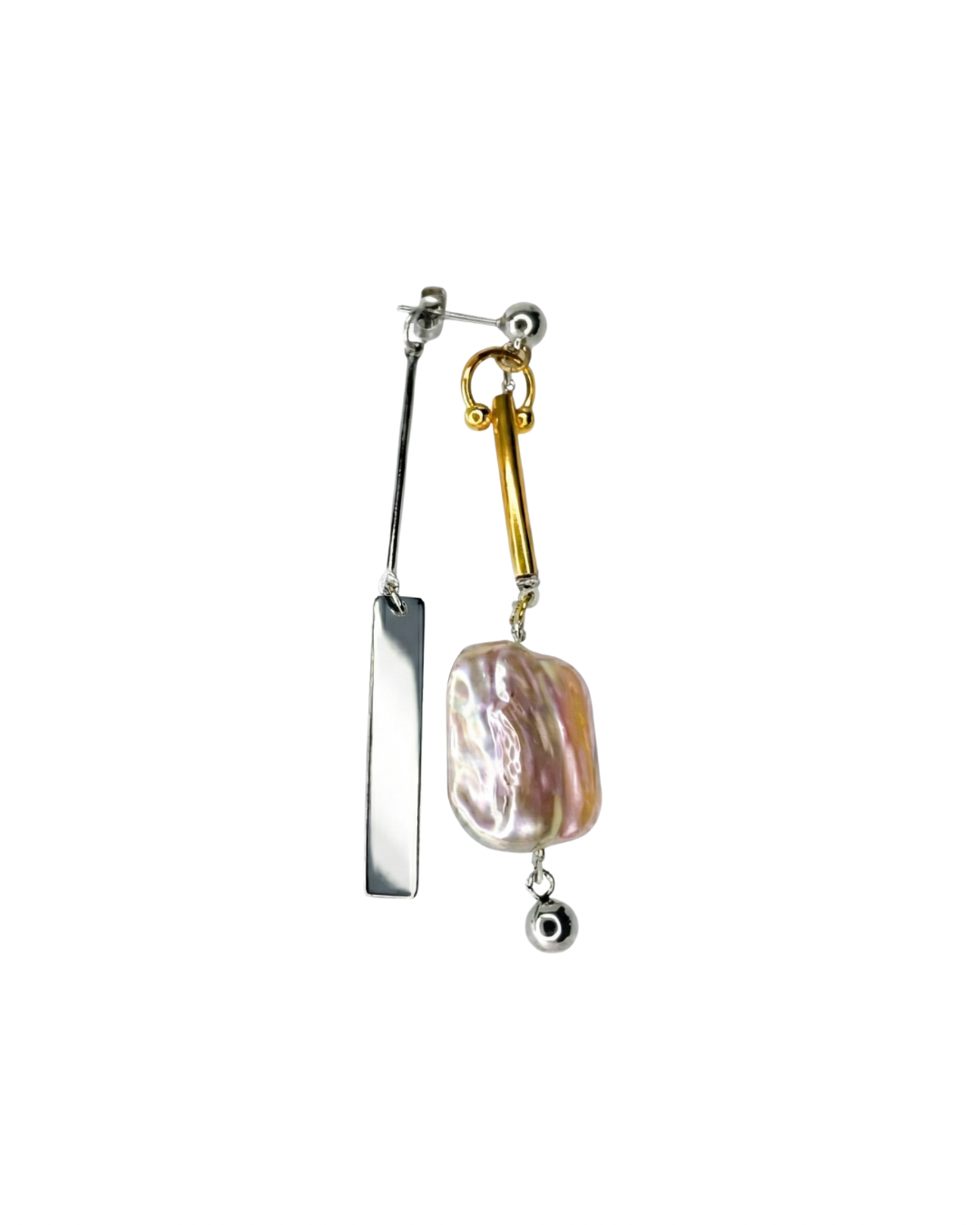 Pair of earrings with a gold and silver design on a white background