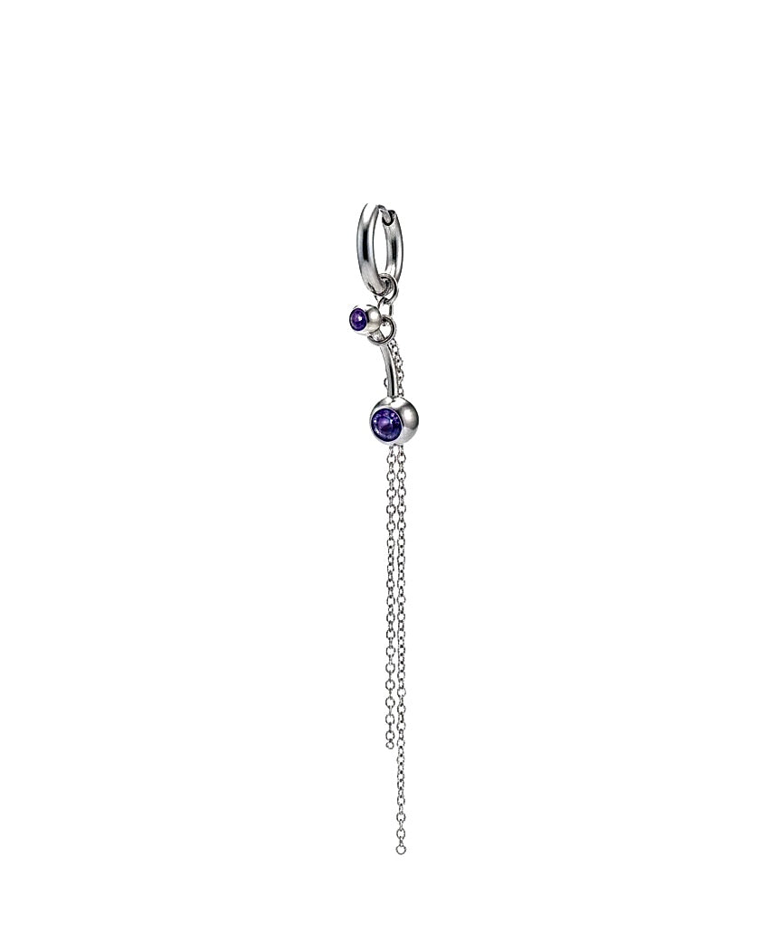 Silver charm with purple gemstones on a white background
